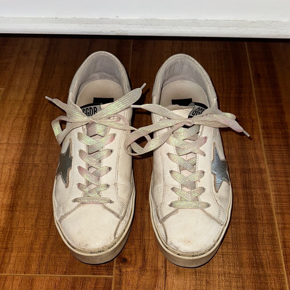 Golden Goose White Sneakers with Iridescent Laces
